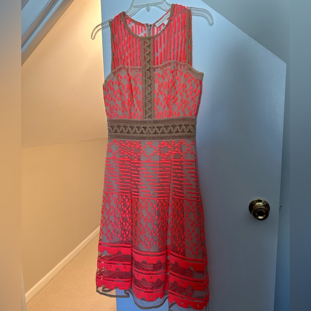 Jonathan Simkhai cocktail dress - sheer with coral pattern detail - size 4